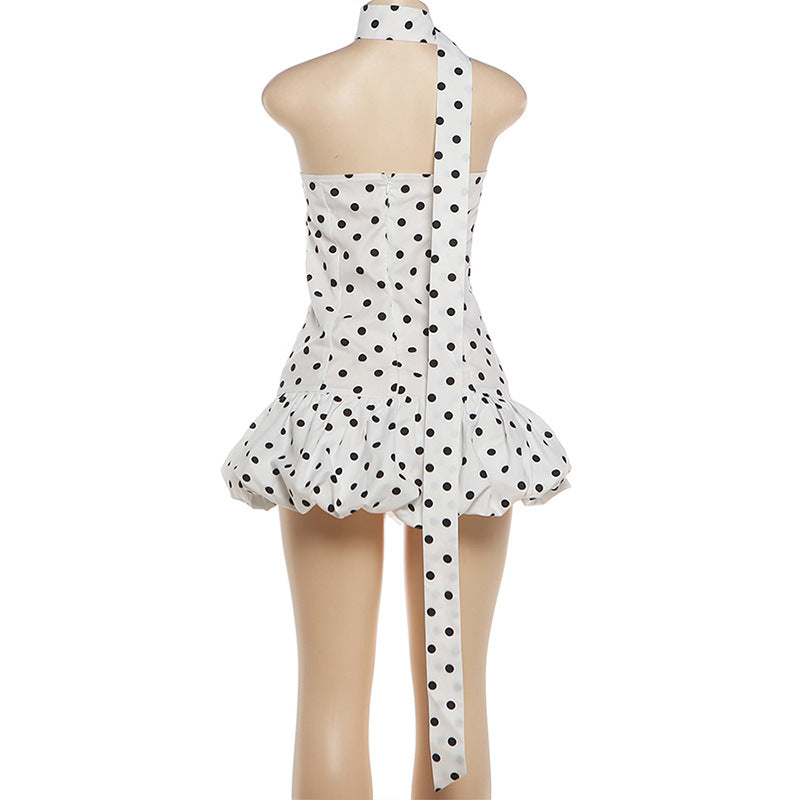Polka Dot Halter Mini Dress | Ruched Asymmetric A-Line Party Dress | Beige