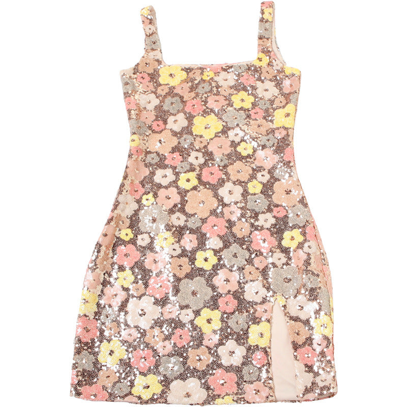 Sexy Sequin Split Mini Dress - Square Neck Bodycon for Club