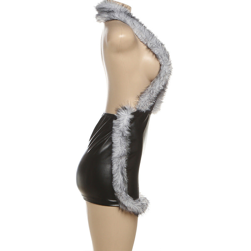 Faux Leather Halter Dress: Deep V Plunge Neck with Fur Trim Stitching