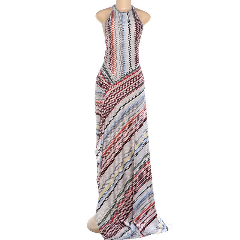 White Chevron Halter Backless Maxi Dress - Ruched Split Floor-Length Bodycon Formal Dress