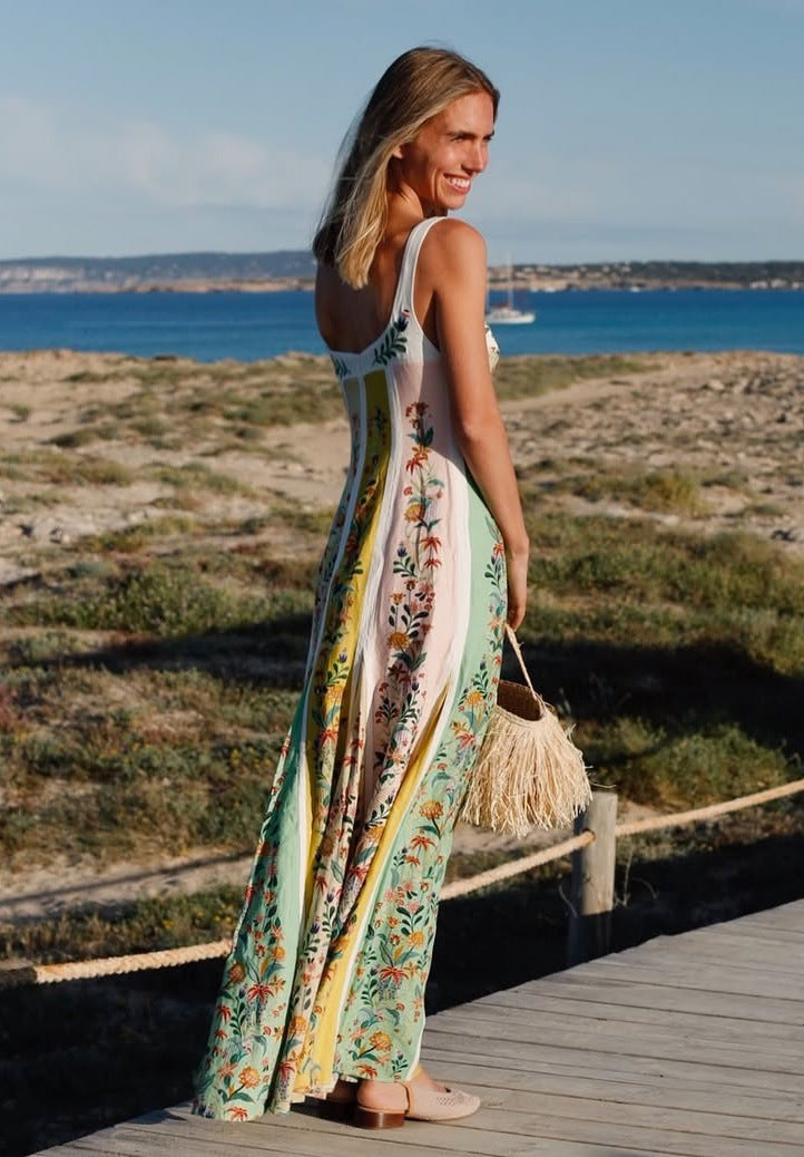 Floral Linen Maxi Dress - Suspender Strap V-Neck Vacation Dress