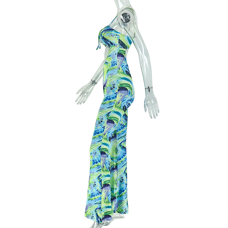 Green Floral Print Bandeau Jumpsuit - Backless Cutout Lace-Up Asymmetric Outfit