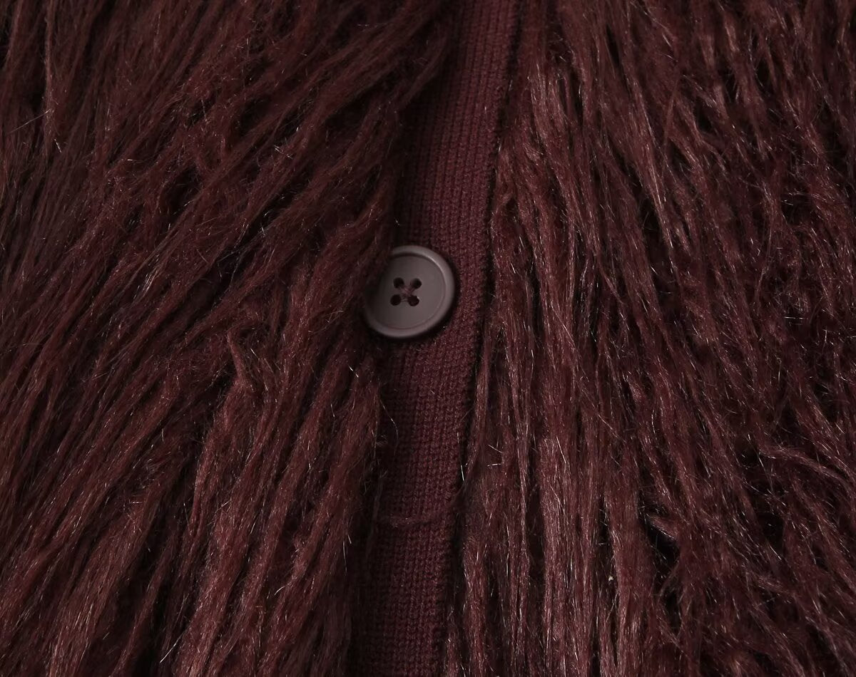 Burgundy Faux Fur Knit Coat: Retro Look Teddy Bear Sweater Jacket