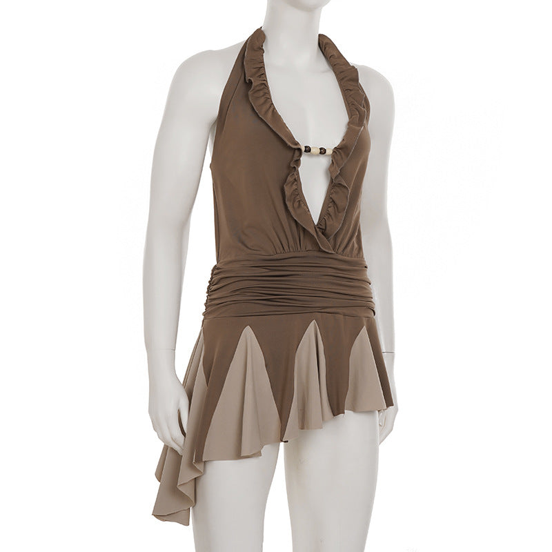 Brown Halter Ruffle Dress - Backless Asymmetric Pleated Mini Dress
