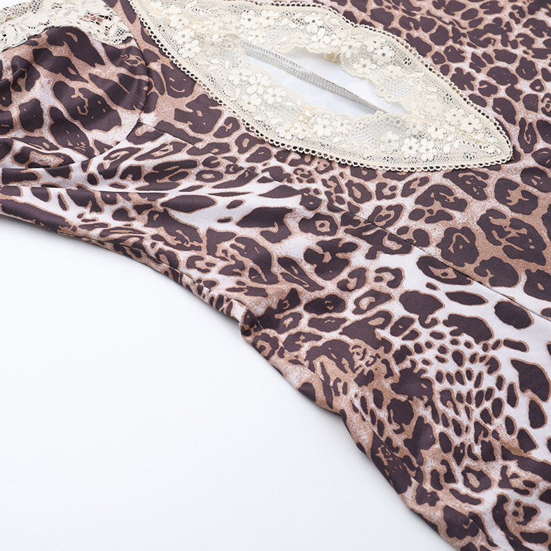 Leopard Print Lace Split Cami Maxi Dress | Cutout Bodycon Spaghetti Strap Dress | Sizes XS-L