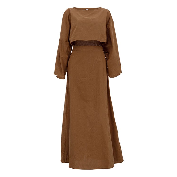 Brown Cotton Crop Top & High-Waist Maxi Skirt Set - Long Sleeve Elegant 2-Piece Set