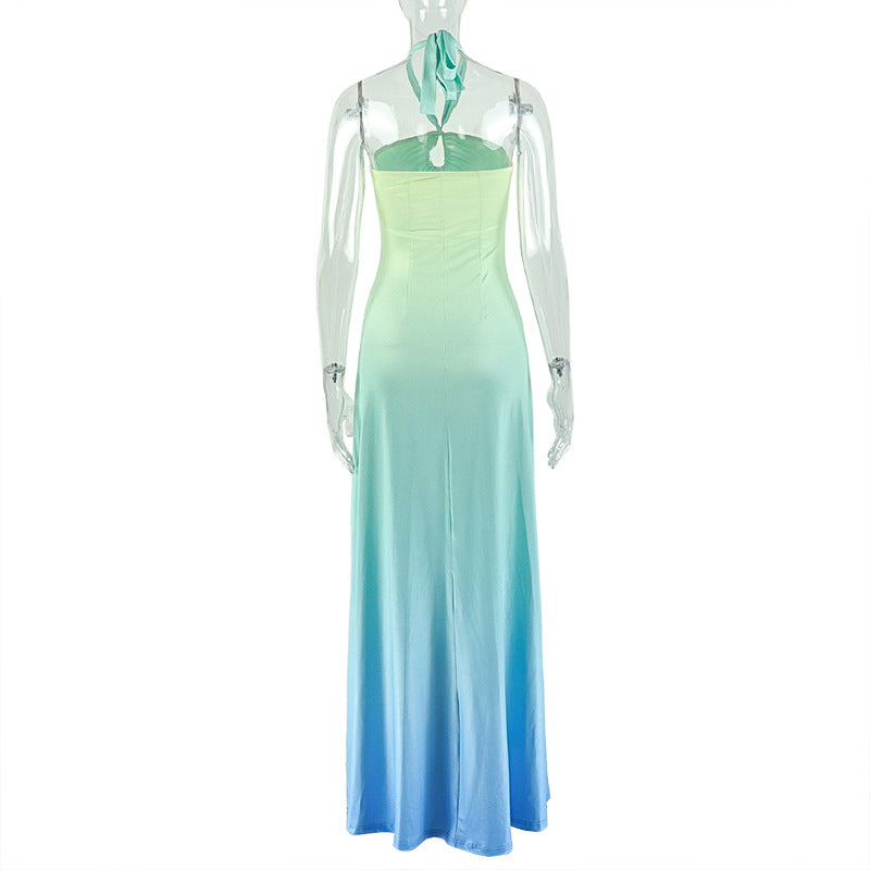 Turquoise Floral Ombre Halter Maxi Dress - Ruched Cutout A-Line Dress