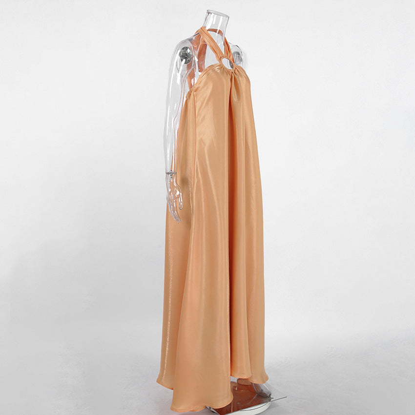 Khaki Halter Lace-Up Backless A-Line Maxi Dress | Sleeveless Ring Detail Elegant Dress | Sizes S-L