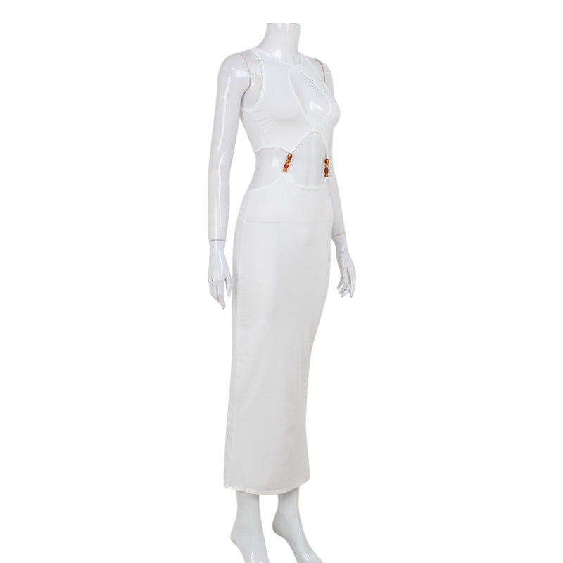 Cutout Split Bodycon Midi Dress - Metal Detail Sleeveless Club Dress