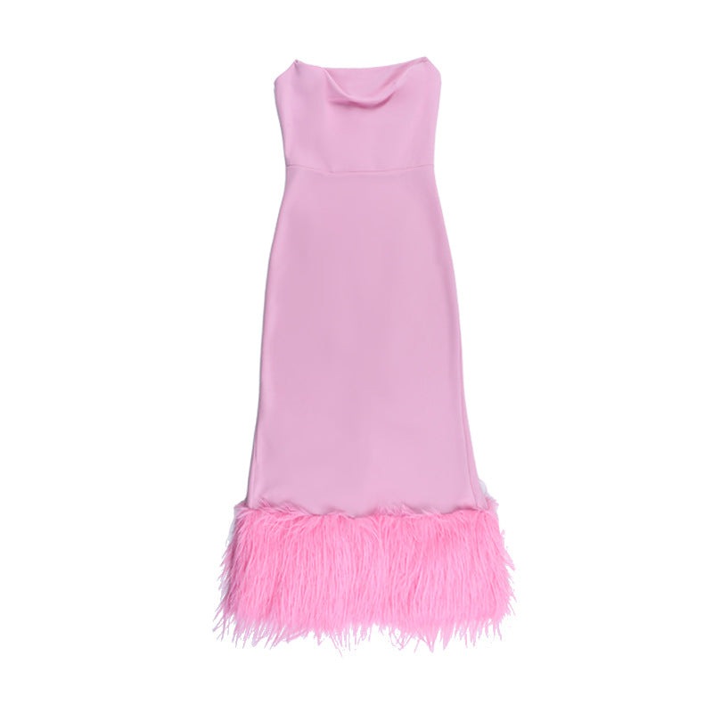 Elegant Feather-Trimmed Maxi Dress