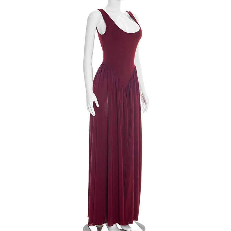 Wine Red Ruched Maxi Dress - Sleeveless Side Split A-Line Dress