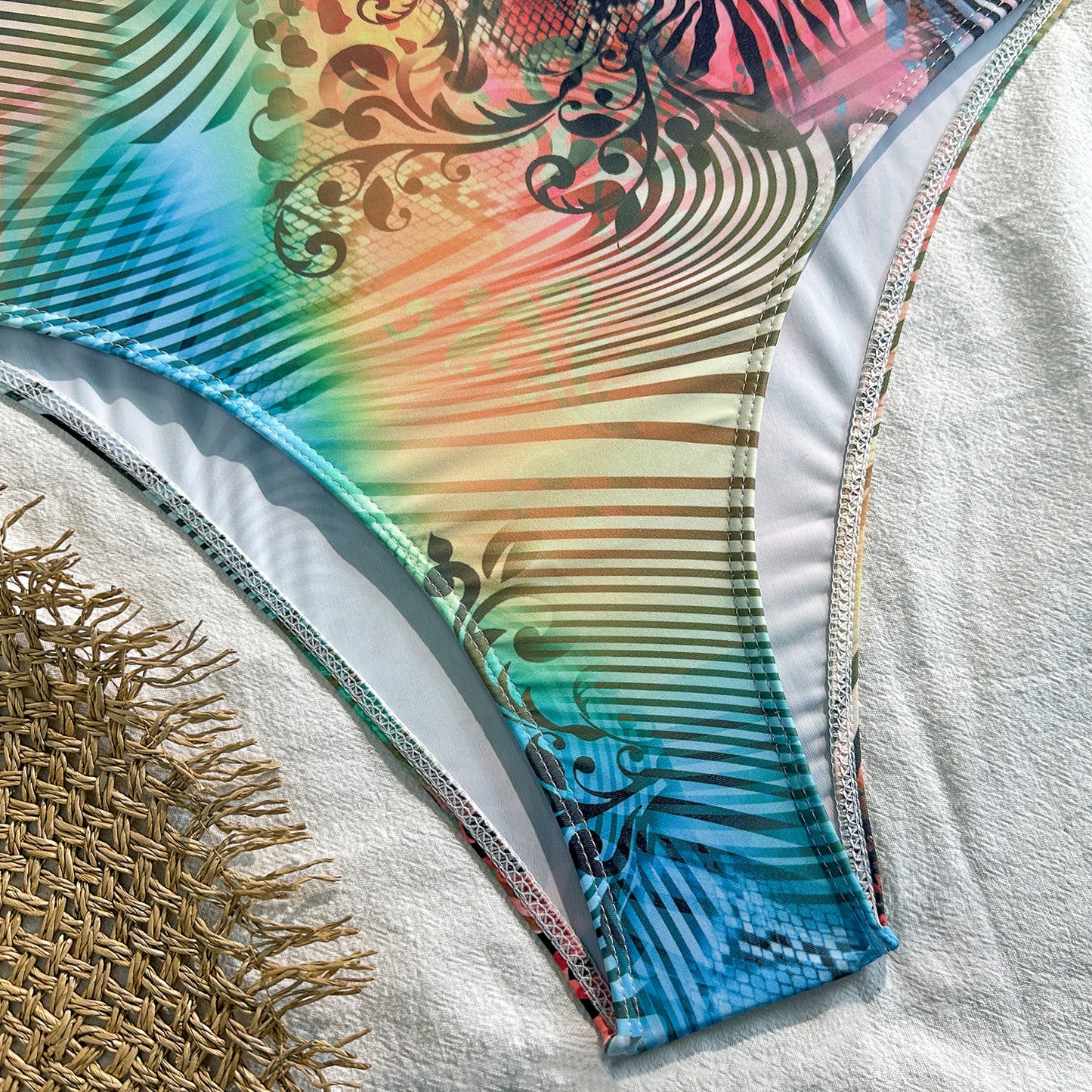 Boho Abstract Print One-Piece Swimsuit - Deep V Backless Cutout Swimwear