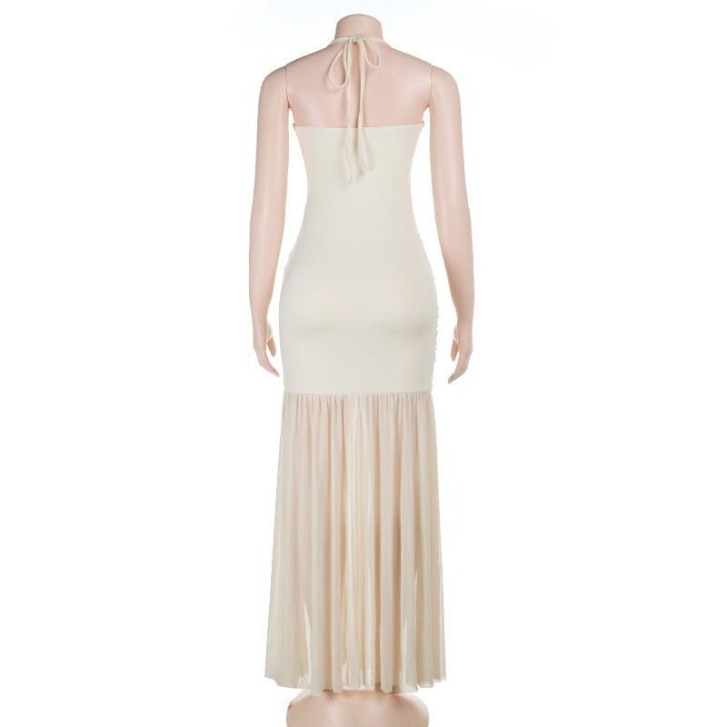 Women's Mesh Halter Maxi Dress – Sexy Beaded Cutout Bodycon Party Dress