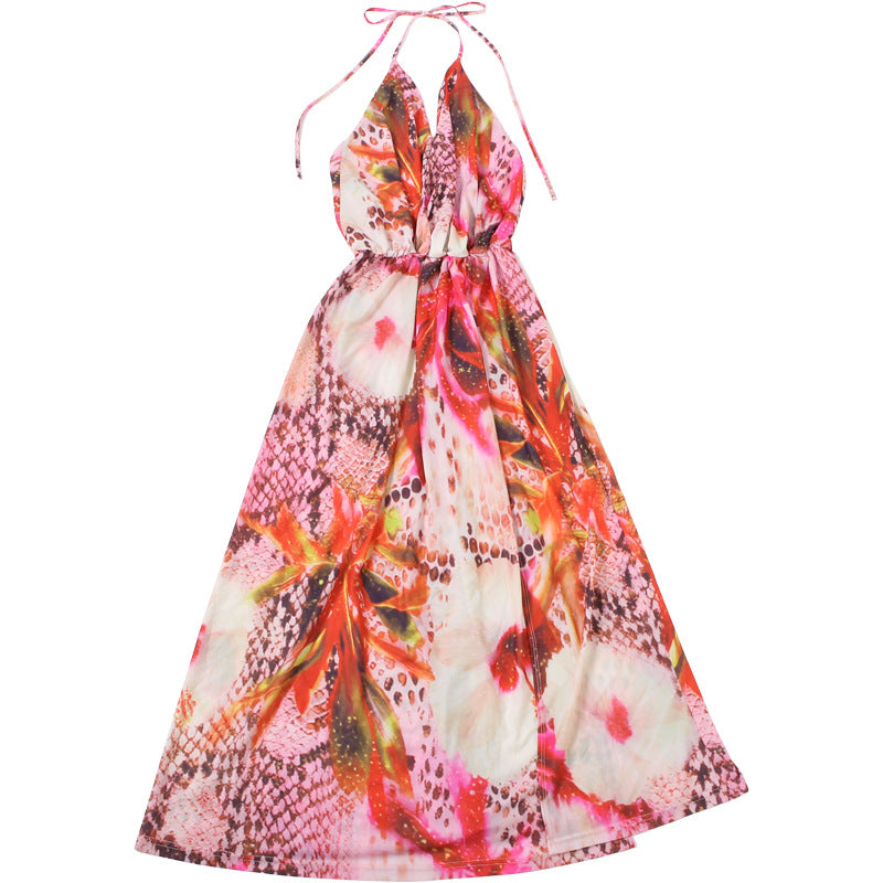 Women's Halter Backless Maxi Dress – Sexy V-Neck Split A-Line Summer Dress