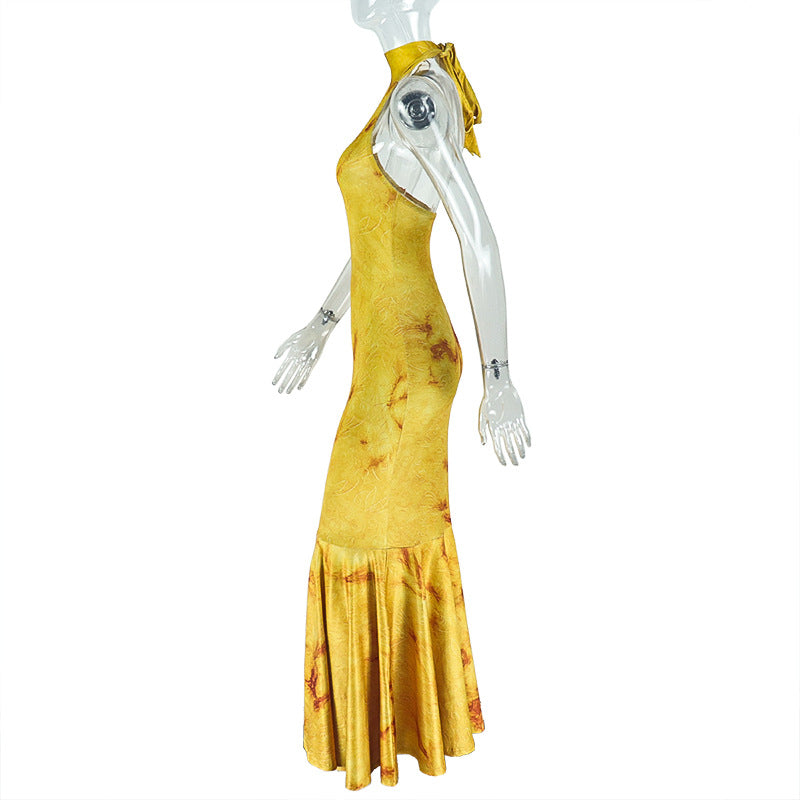 Yellow Backless Turtleneck Fishtail Dress: Slim Fit Sheath Maxi Gown