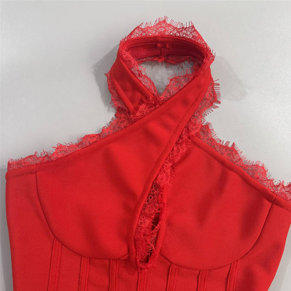 Red Floral Bandage Mini Dress: Halter Backless Lace Trim