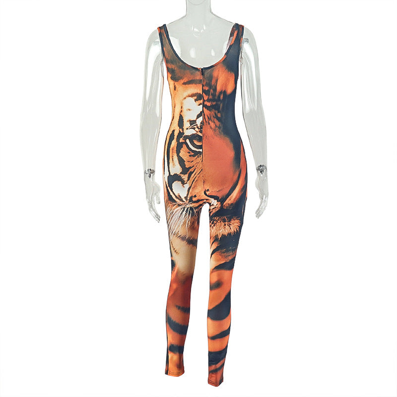 Women’s Tiger Print Jumpsuit – Sleeveless V-Neck Slim Fit, Full Length