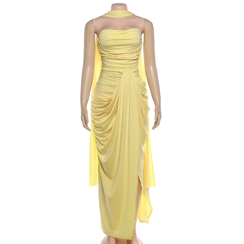 Women's Sexy Strapless Maxi Dress – Slim Fit Ruched Slit Formal Party Dress