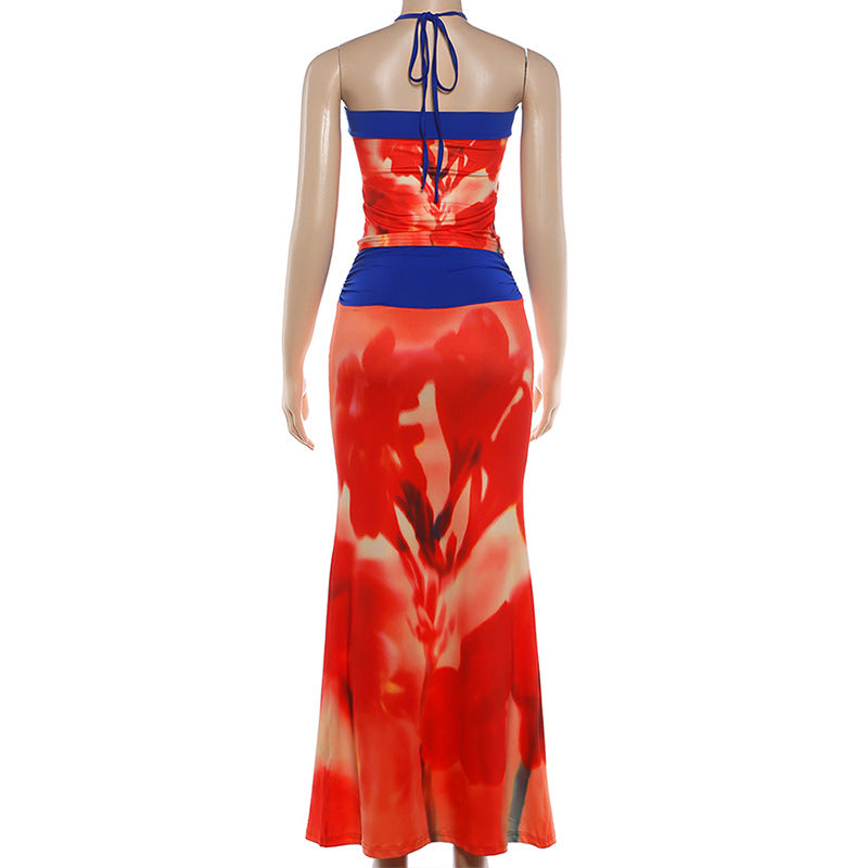 Red Floral Halter Crop Top & Maxi Skirt Set - Color Block Ring Tie 2-Piece Set