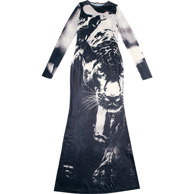 Elegant Printed Long-Sleeve Maxi Dress