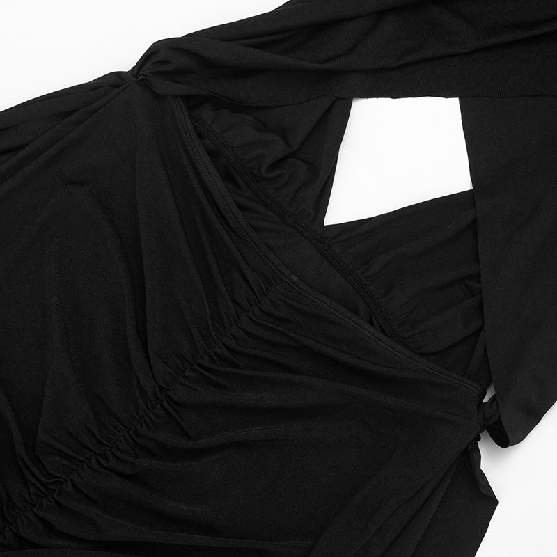 Women’s V-Neck Cutout Bodycon Midi Dress – Slim Fit Pleated Hollow-Out Party Dress