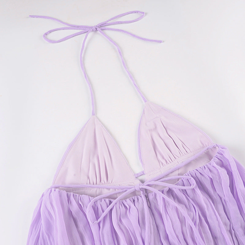 Halter Backless Ruched Mini Dress | Cutout Tie A-Line Vacation Dress | Purple