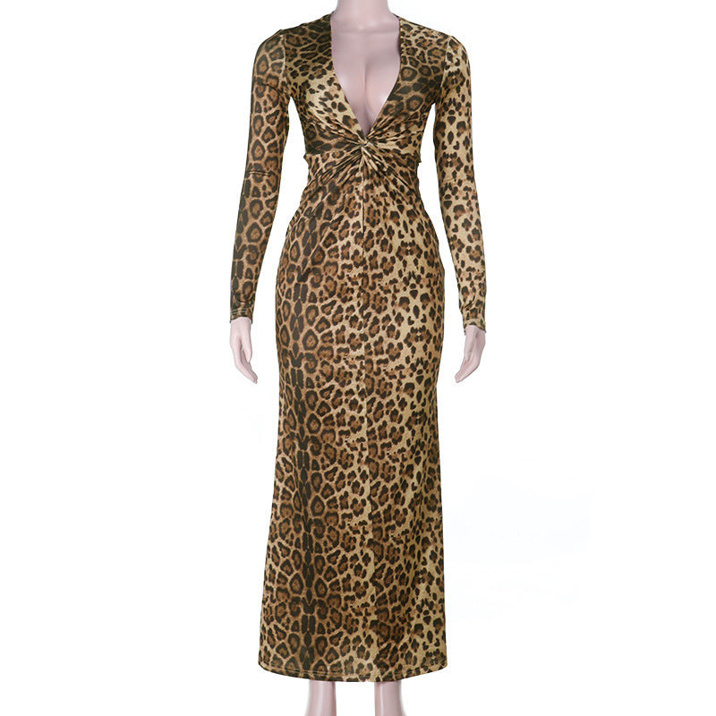 Leopard Print Maxi Dress: Long Sleeve Twist Front Bodycon Gown