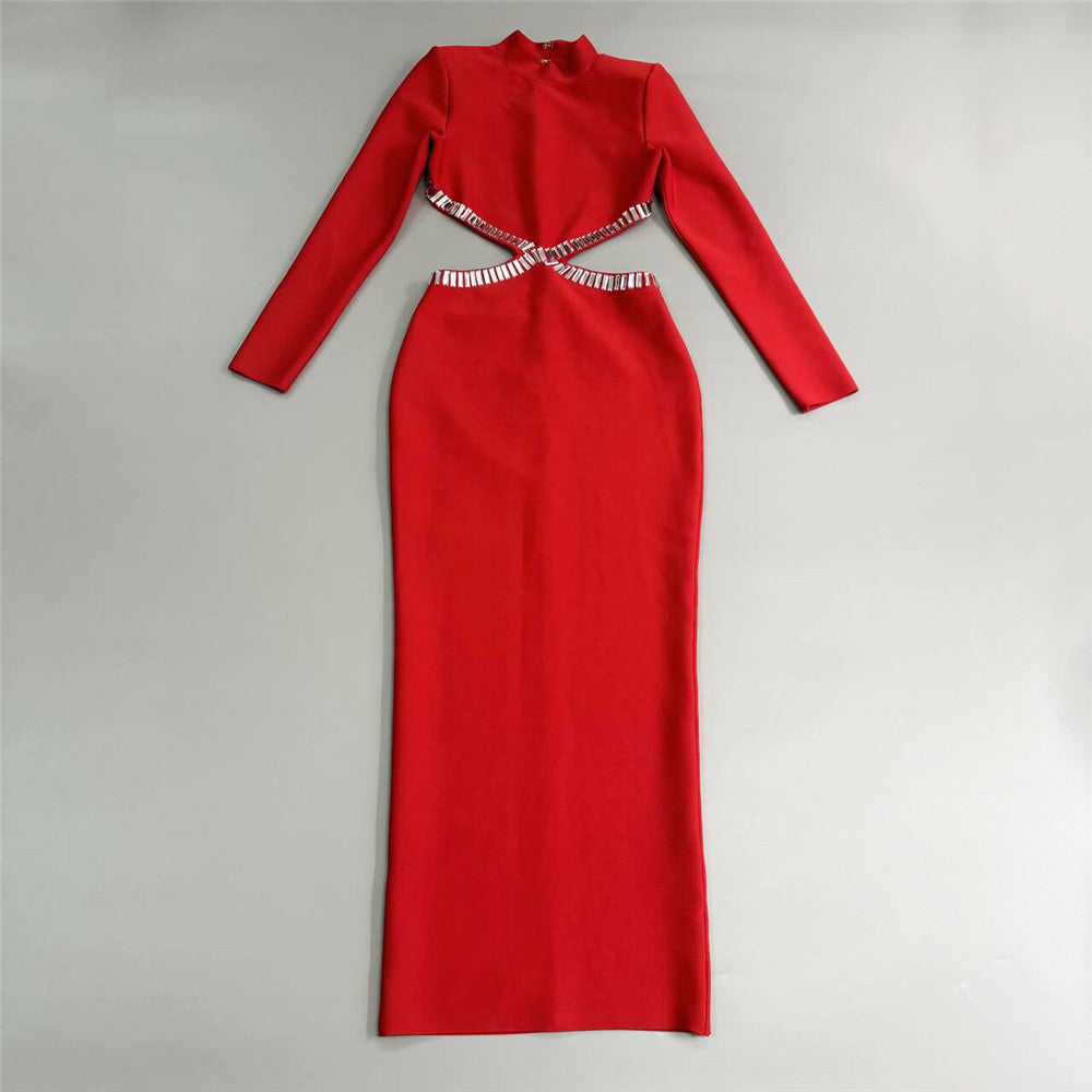Rhinestone Cutout Bandage Dress: Long Sleeve Hollow-Out Bodycon