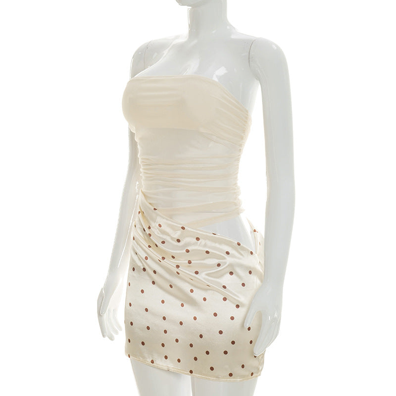 Apricot Polka Dot Strapless Bodycon Mini Dress - Cutout Ruched Mesh Patchwork Party Dress