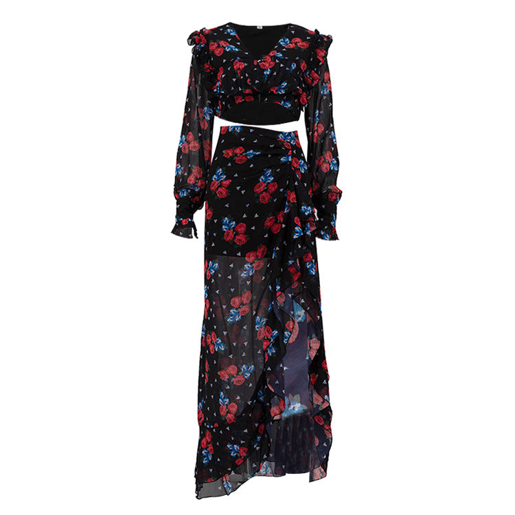 Women's Sexy Digital Print Skirt Suit: Long Sleeve Top & High Slit Skirt Set