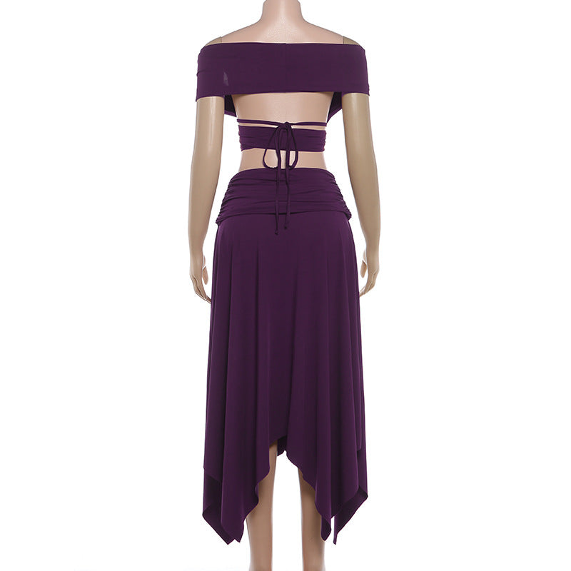 Deep V-Neck Ruched Twisted Crop Top & Asymmetric Midi Skirt Set | Sleeveless Two-Piece Set | Purple | Sizes S-L
