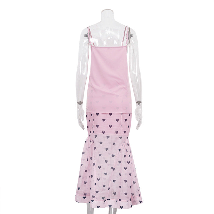 Women’s Three Piece Skirt Set – Elegant Heart Print Top and Maxi Skirt