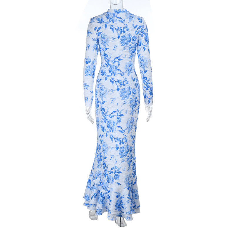 Blue & White Printed Fishtail Dress: Half Turtleneck Long Sleeve Maxi