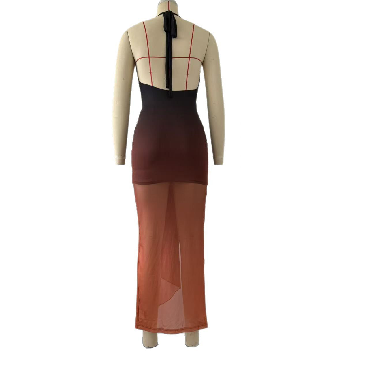 Contrast Color Backless Dress: Deep V-Plunge Slim Fit Bodycon