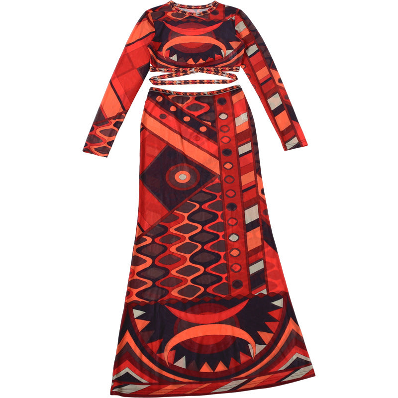 Women's Printed Two-Piece Skirt Set – Long Sleeve Crop Top & Maxi Skirt