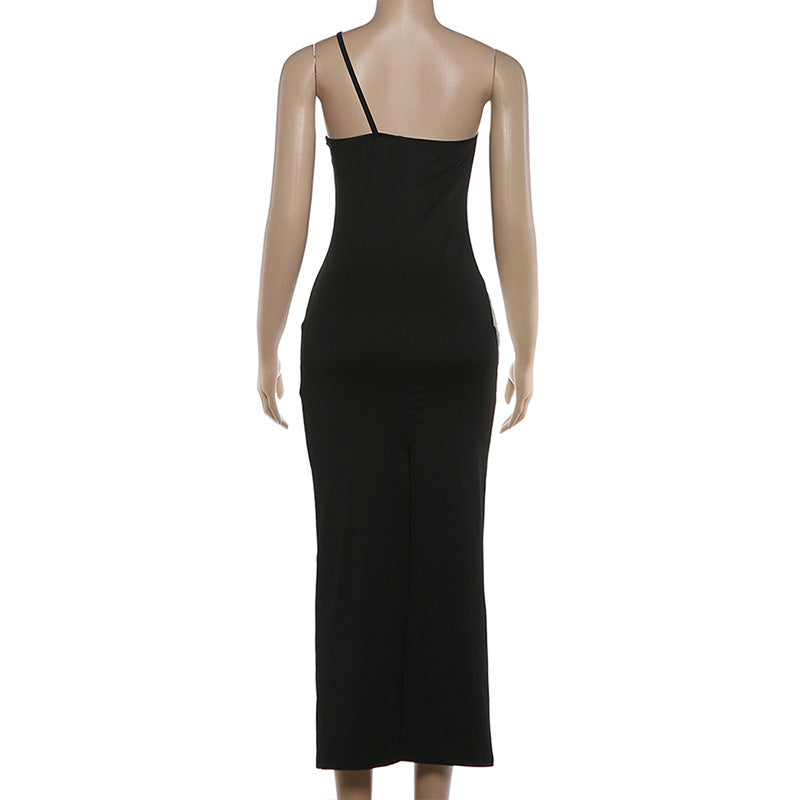 Black One-Shoulder Fringe Tassel Maxi Dress - Asymmetric Bodycon Party Dress