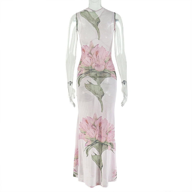 Apricot Pink Floral V-Neck Maxi Dress - Ruched Sleeveless Bodycon Dress