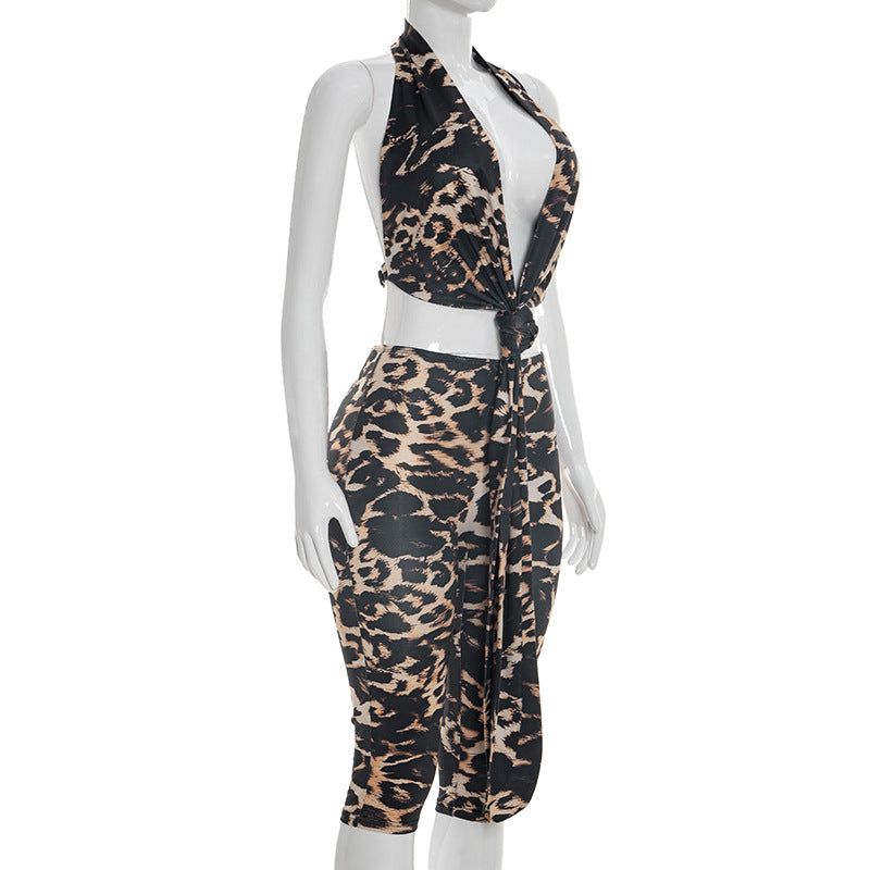 Leopard Print Two-Piece Set - Backless Halter Top & Cropped Pants