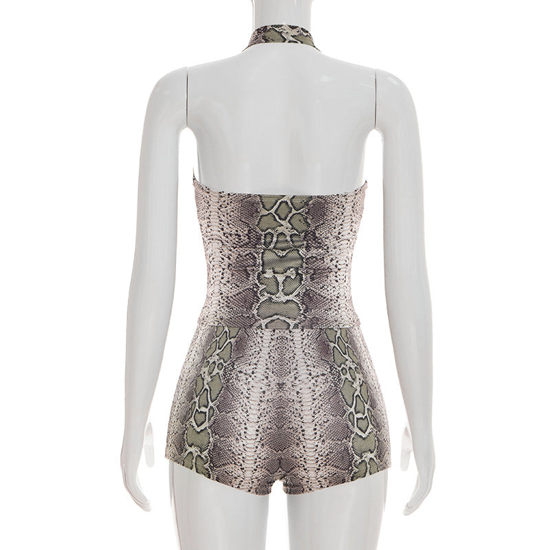 Snake Print Two-Piece Set - Halter Crop Top & Low Rise Shorts Matching Set