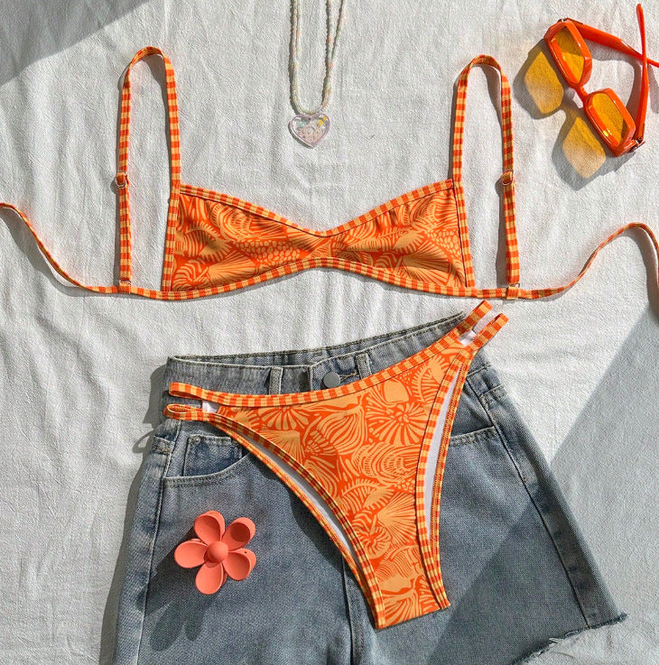 Printed Spaghetti Strap Cutout Bikini Set | Boho Beach Vacation Swimsuit | Orange | Sizes S-XL