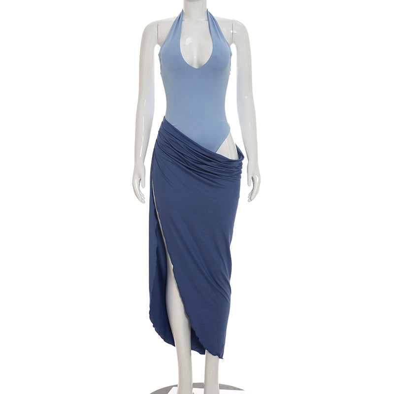 Color Block Halter Slit Maxi Dress | Backless Cutout Ruched Vacation Dress | Purple & Blue