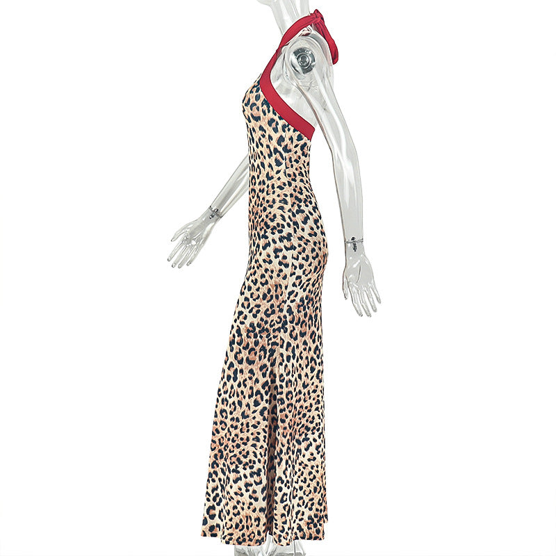 Leopard Print Halter Backless Maxi Dress | Slim Fit Bodycon Formal Dress | Animal Print