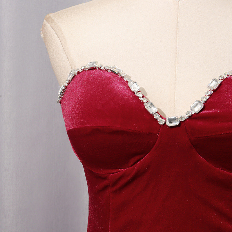 🍷 Ruby Luxe Rhinestone Ruffle High-Low Dress