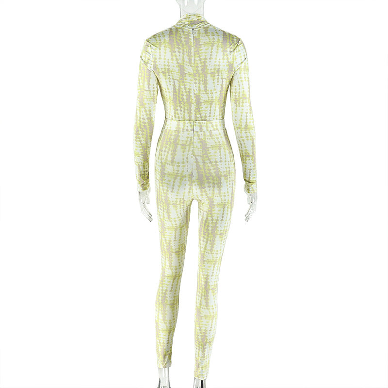 Women’s Yellow & White Printed Pleated Jumpsuit – Slim Fit V-Neck Long Sleeve, Full Length
