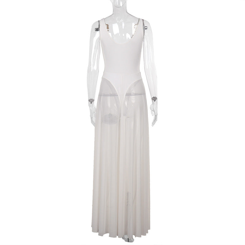 Mesh A-Line Maxi Dress | Slim Fit V-Neck Sleeveless Vacation Dress | 6 Colors