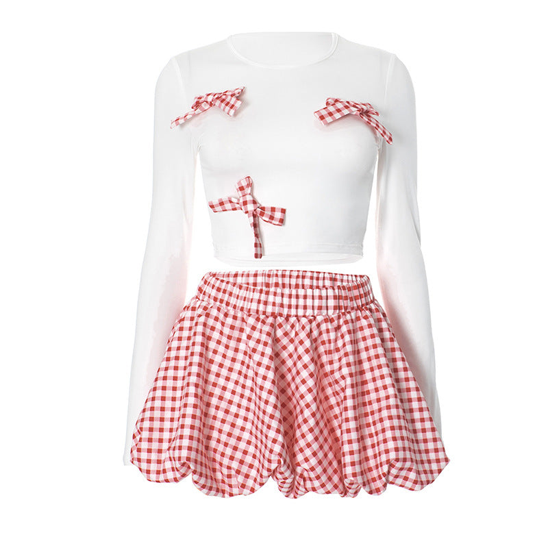 Plaid Bow-Decorated Two-Piece Set
