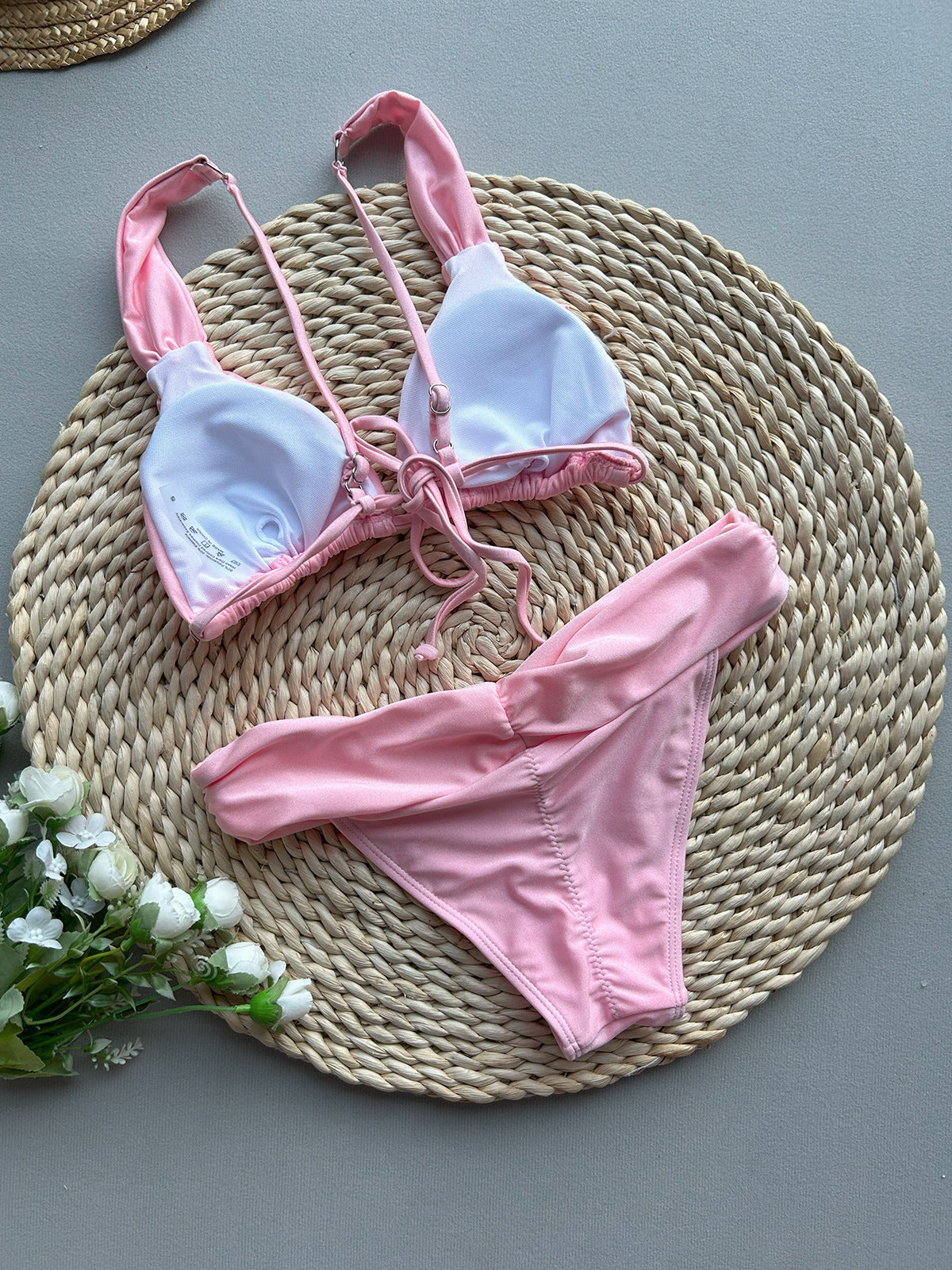 Solid Color Ruched Tie Bikini Set | Regular Strap Boho Swimsuit | 2 Colors | Sizes S-L