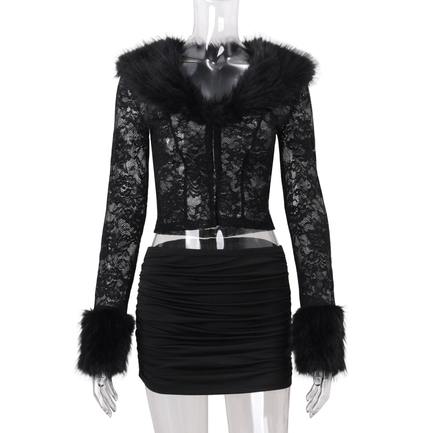 Women’s V-Neck Lace & Ruched Two-Piece Set – Slim Fit Long Sleeve Top & Mini Skirt