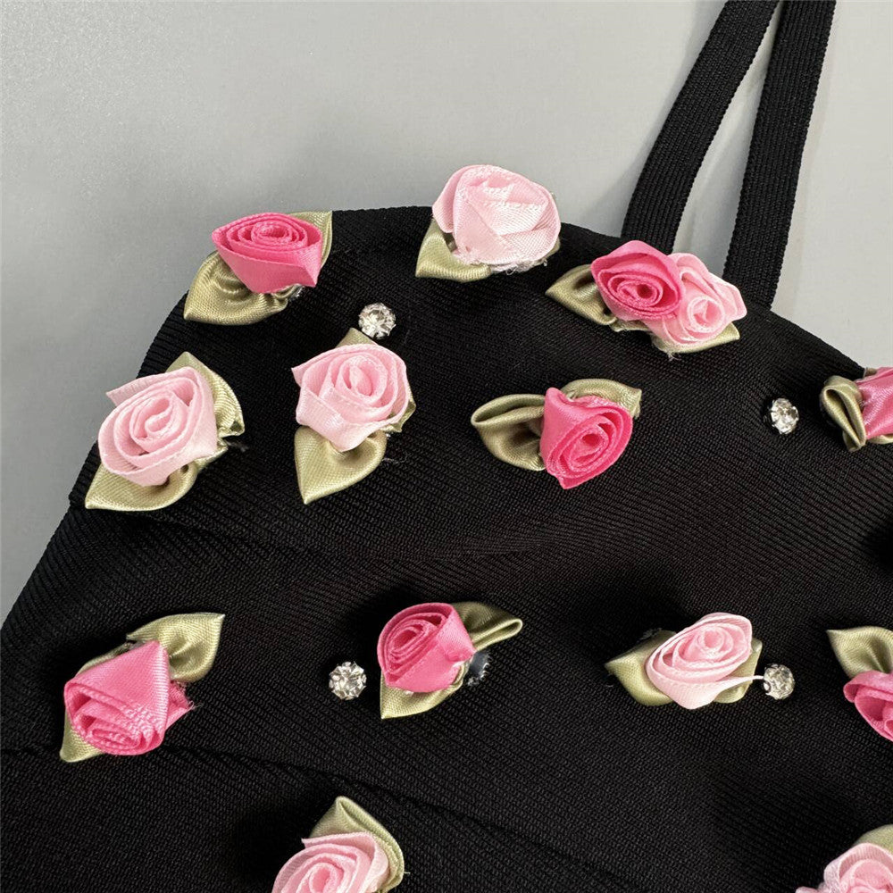 Black Rhinestone Bandage Mini Dress: Floral Embellished Bodycon Sling
