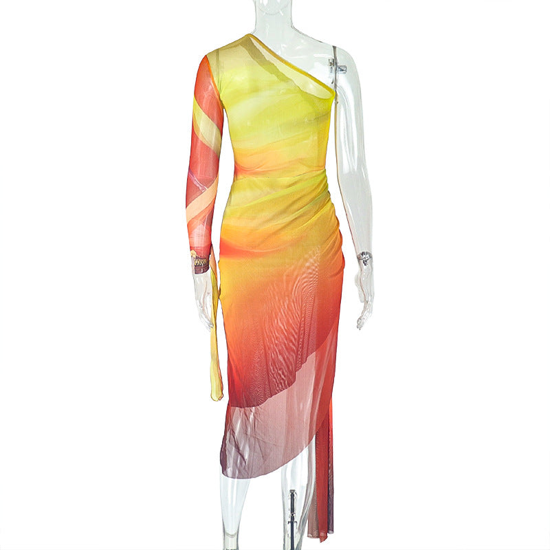 Women’s Asymmetrical Ombre One-Shoulder Maxi Dress – Ruched Bodycon with Slit and Lace Detail